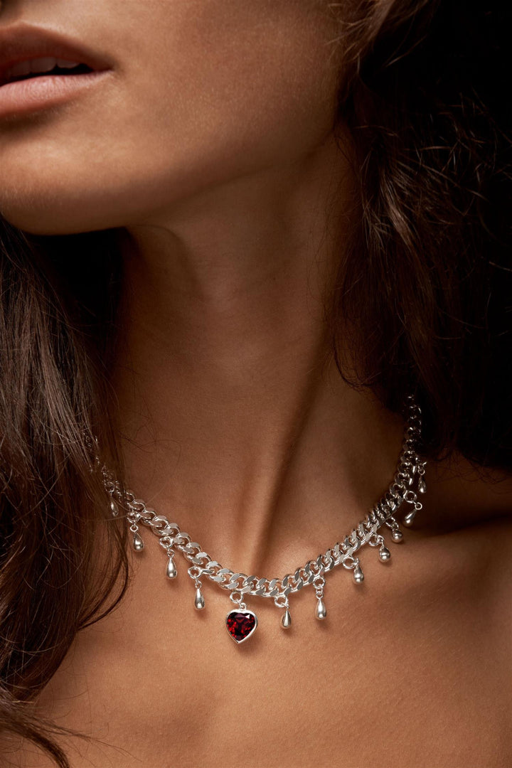 Drop of Heart Necklace - Silver Red Garnet