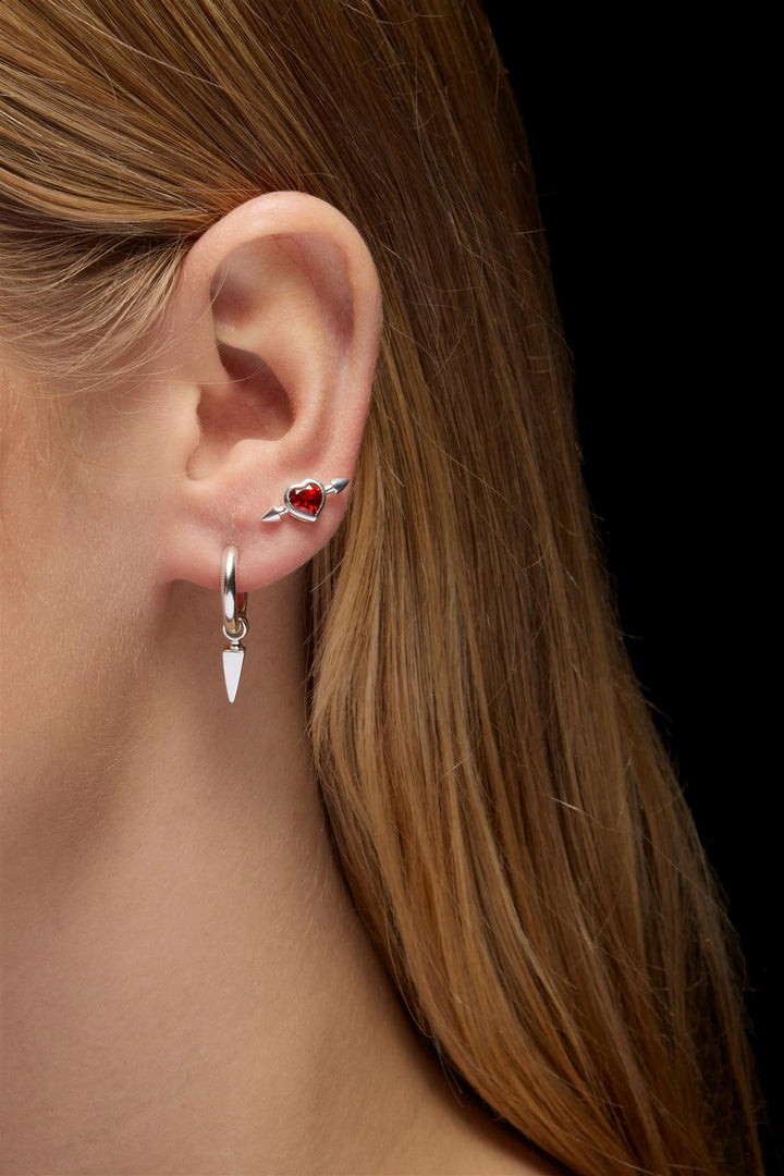 Pierced Heart Ear Stud - Silver - Red Garnet