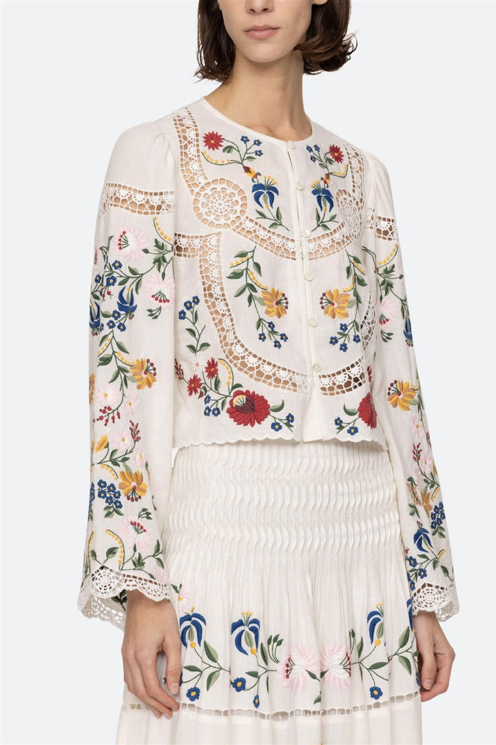 Celia Embroidery Long Sleeve Blouse Cream