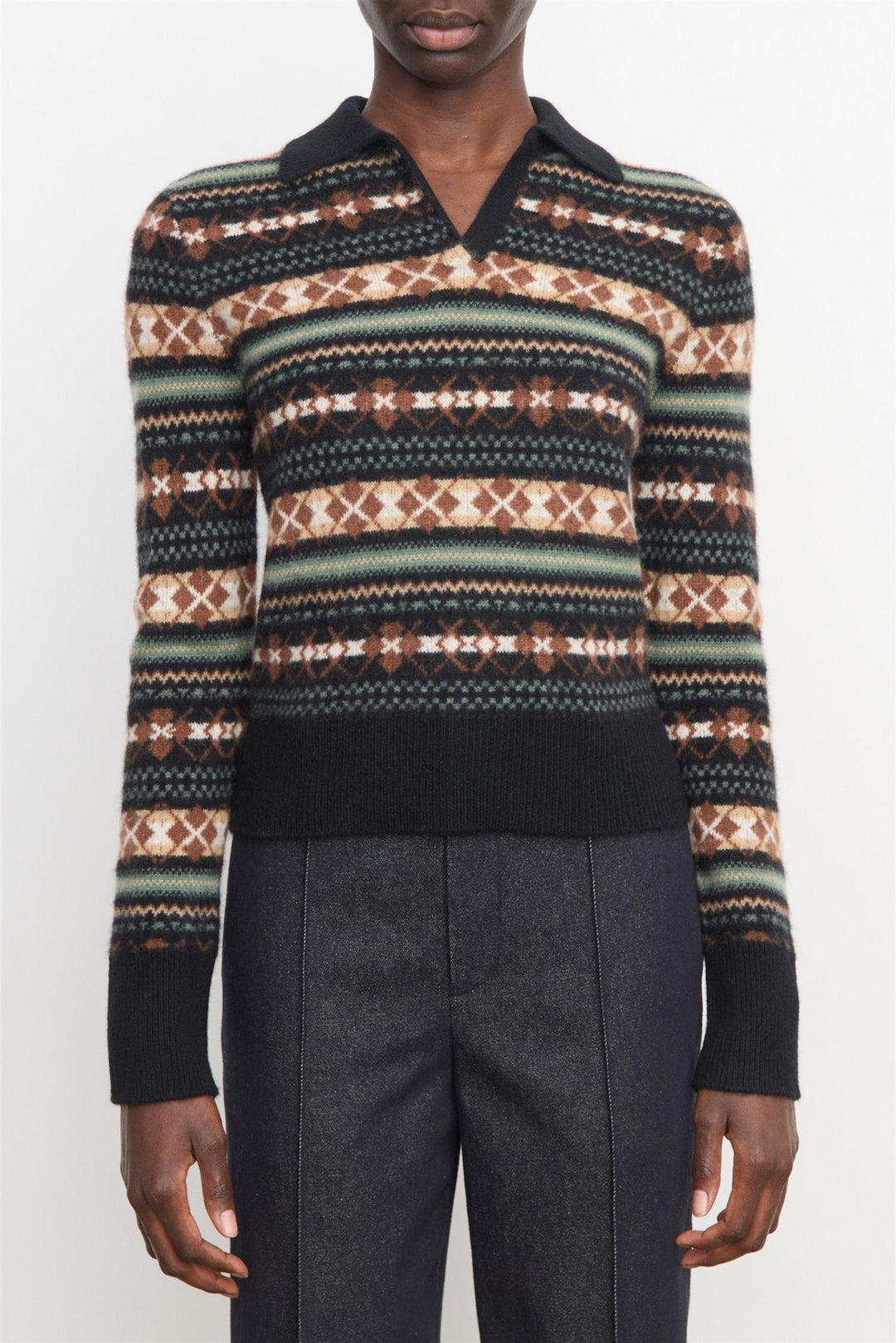 Fair Isle Polo Sweater Cacao/Malachite Combo