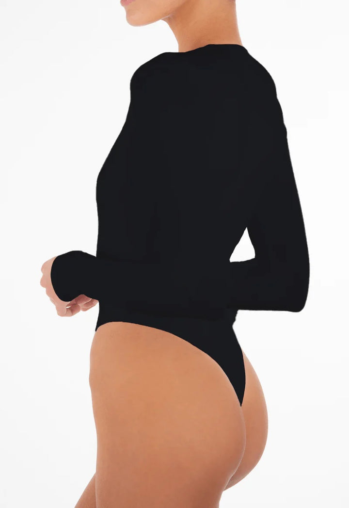 Long Sleeve Deep V Bodysuit Black