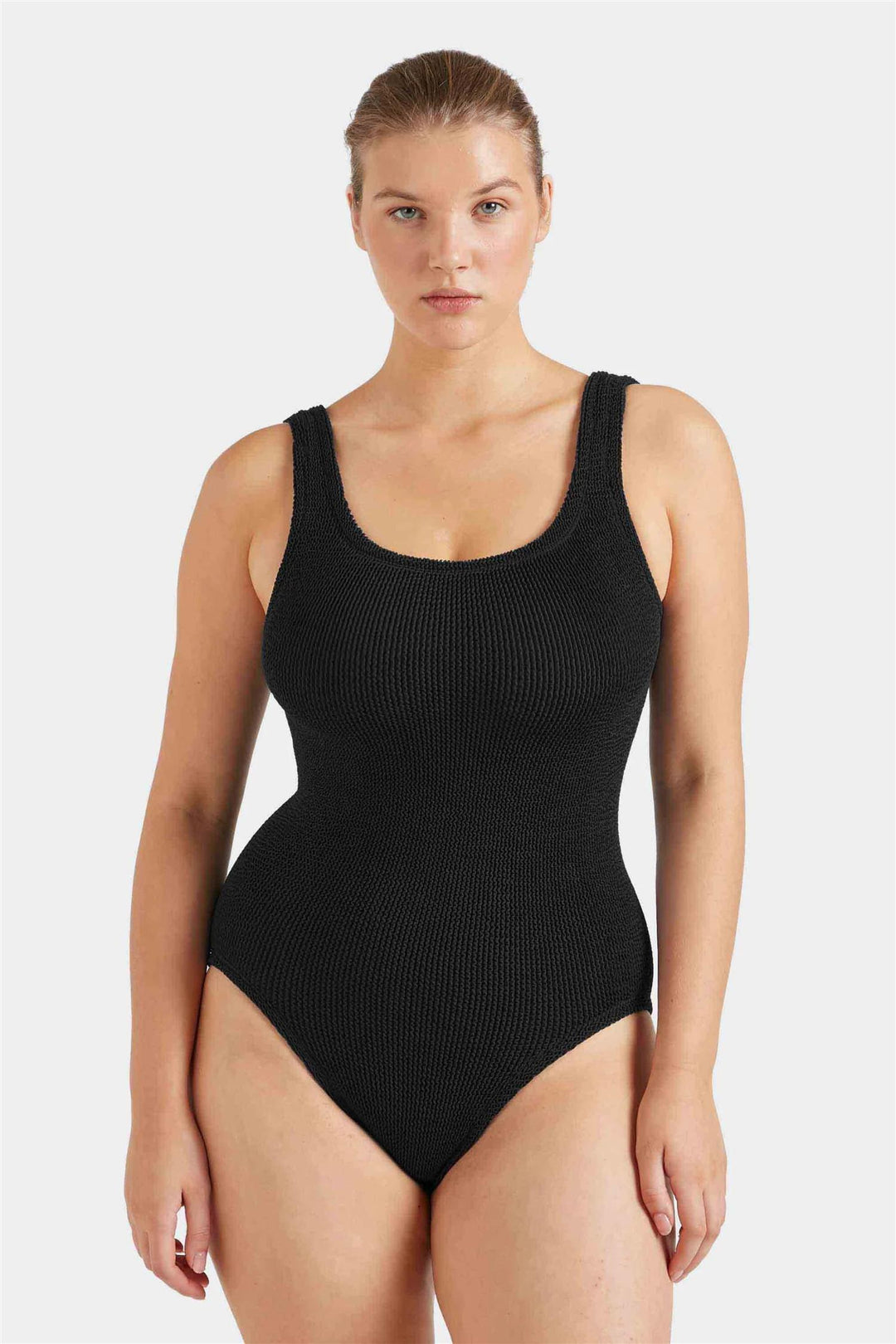Coverage Square Neck Crinkle Swimsuit Black