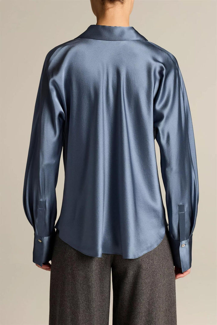 Silk Bias Long-Sleeve Blouse  Blue Slate