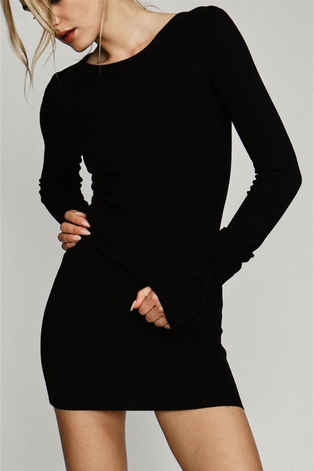 Long Sleeve Crew Neck Mini Dress Black