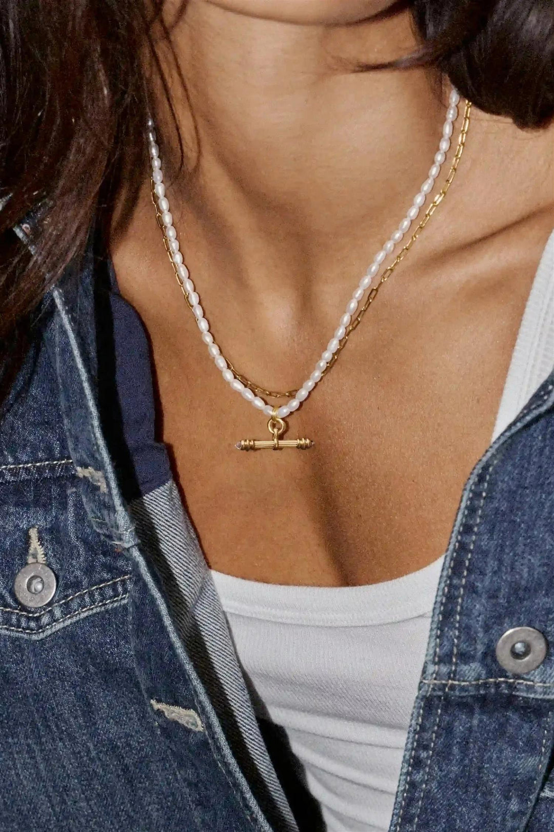 Harris Reed Pearl T-Bar Necklace Gold