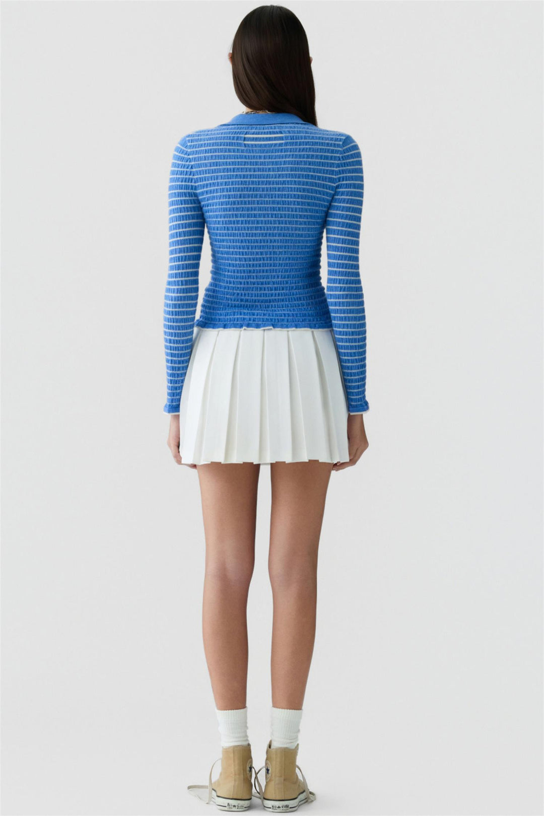 Smocked Long-Sleeved Shrunken Polo Delft Blue/Cream