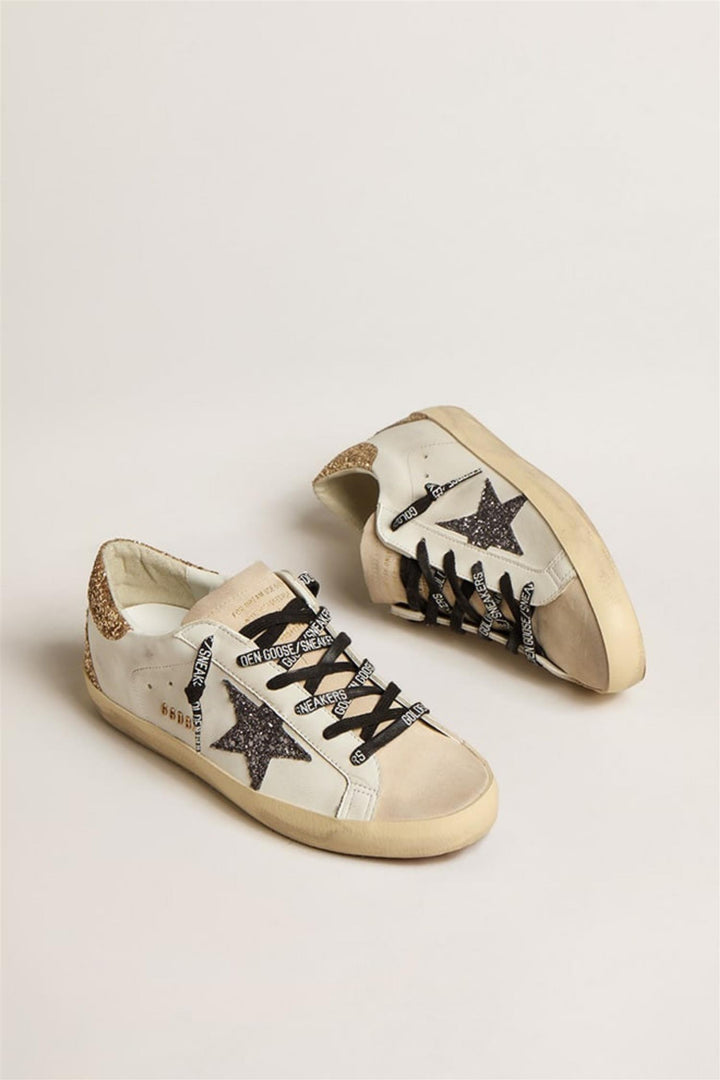 Super-Star White Leather Gold and Black Glitter