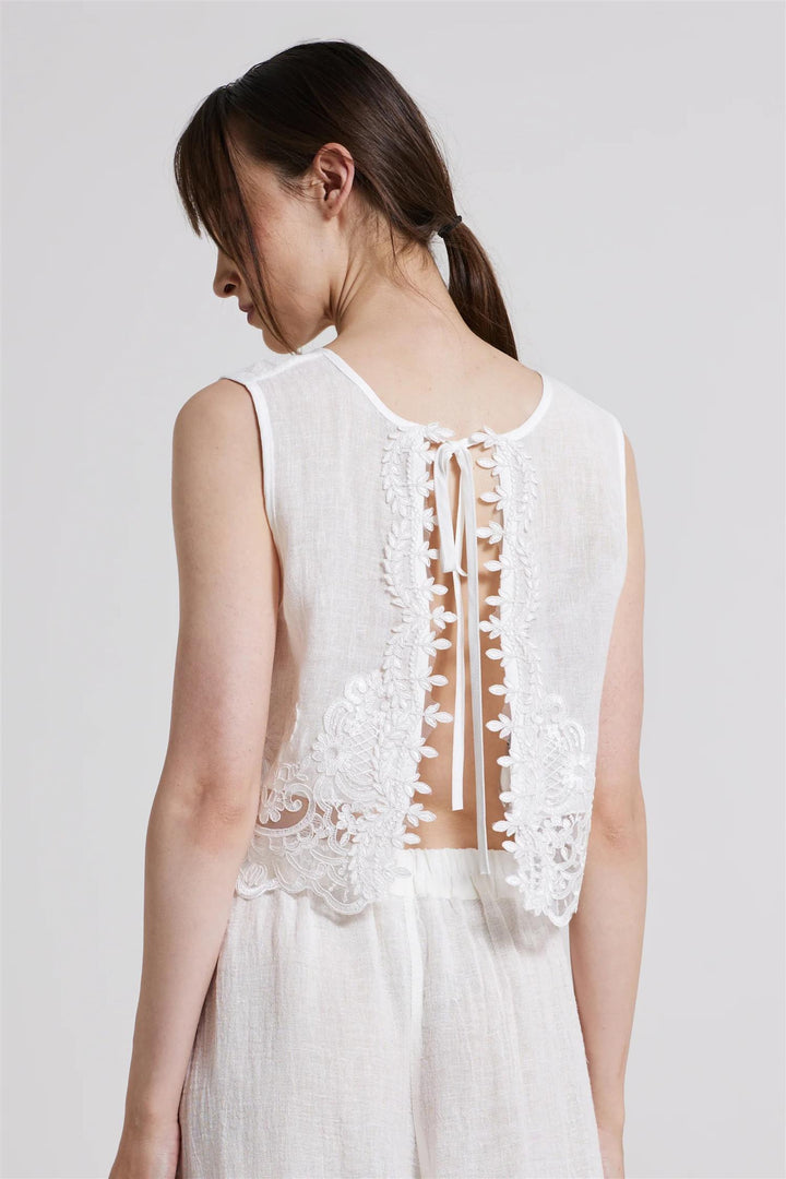 Back Tie Sleeveless Lace Top Off White