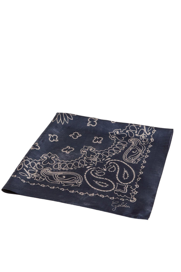 Golden Foulard Paisley Silk Scarf Denim Blue
