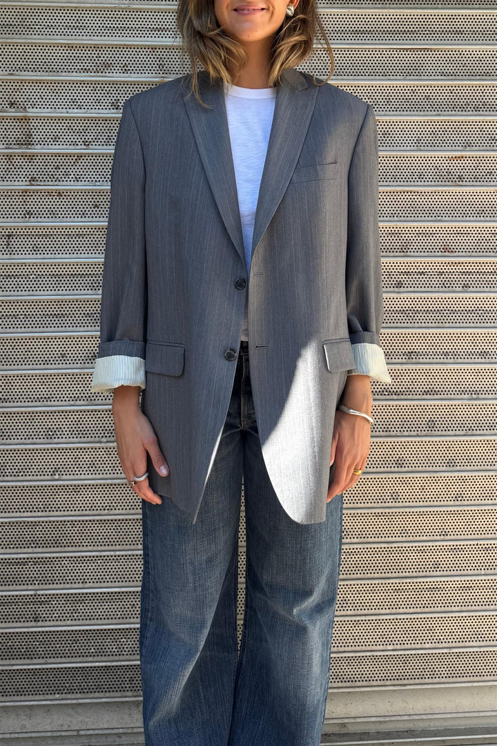 Button-Back Single Breasted  Blazer Grey Pinstripe Size 40
