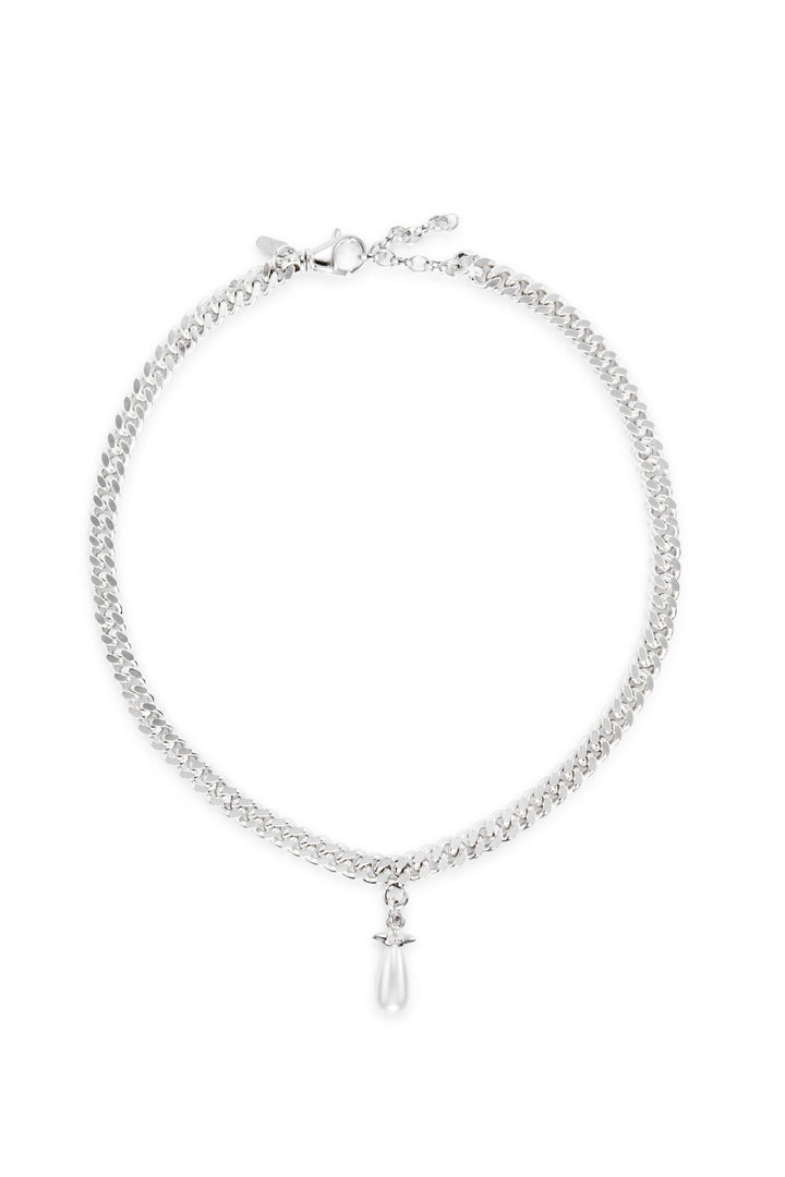Chunky Chain Drop Pearl Necklace - Silver