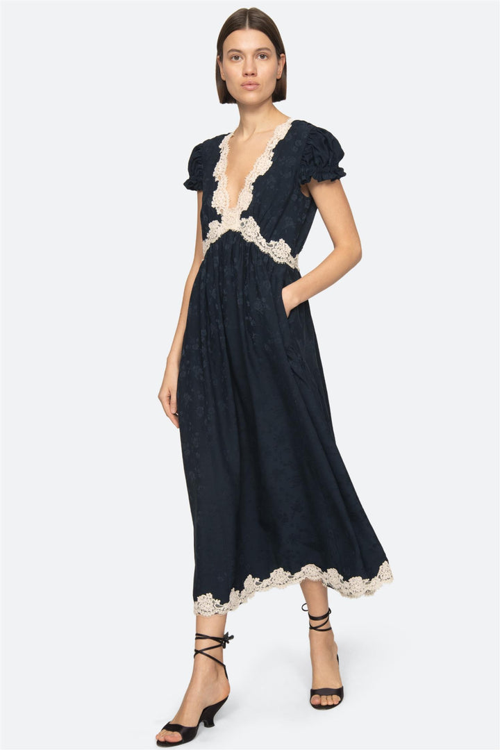 Shay Lace V-Neck Midi Dress Navy