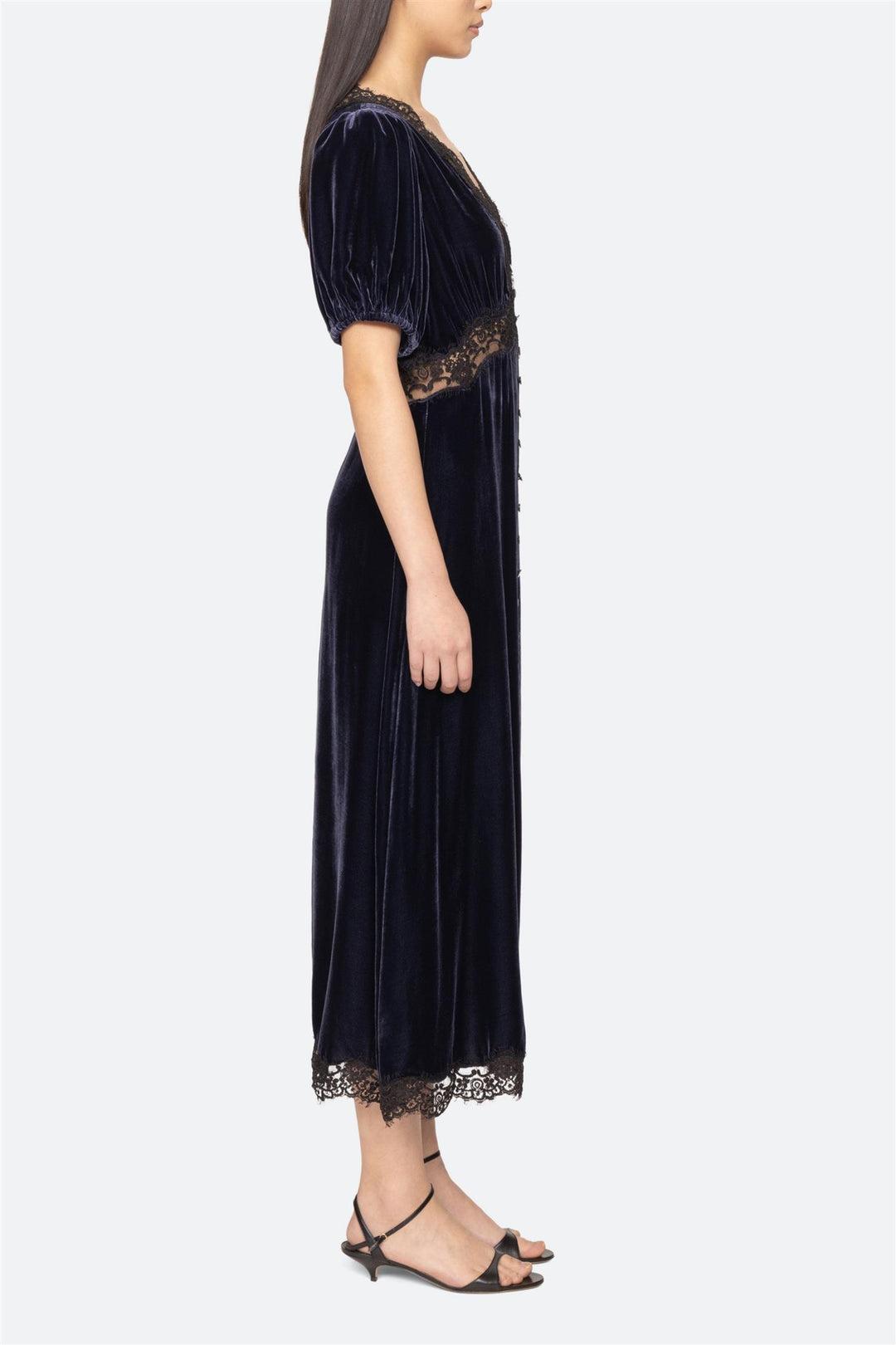 Clarice Velvet Puff Sleeve Midi Dress Navy