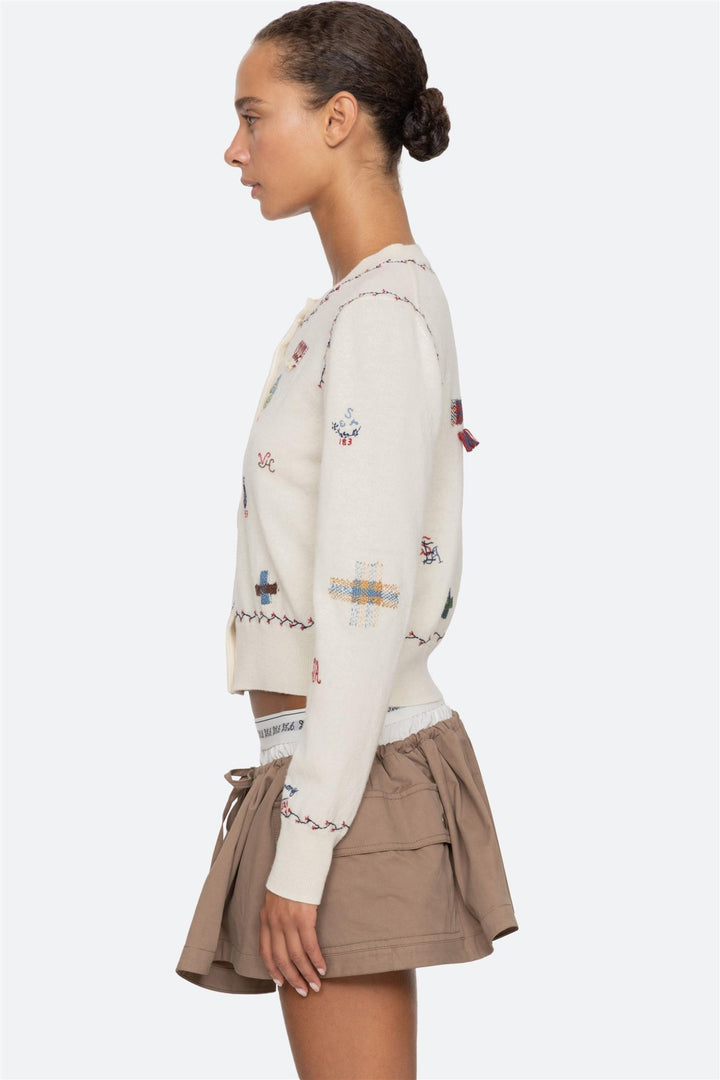 Claria Embroidered Knit Cardigan Cream