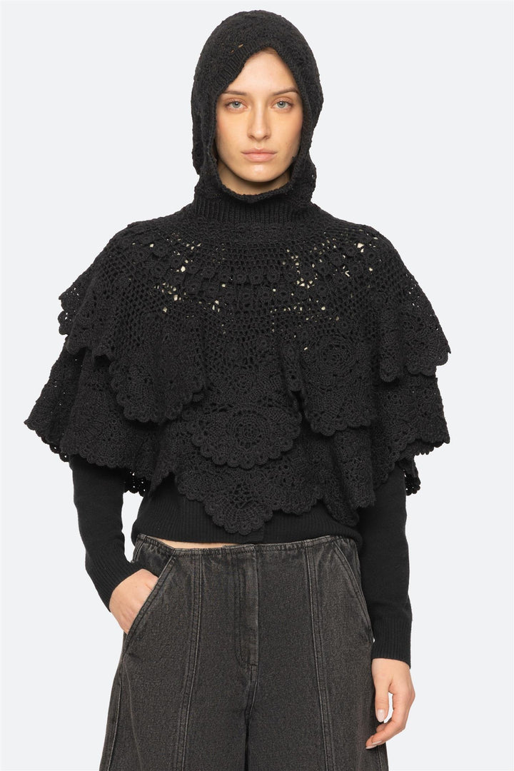 Wright Knit Crochet Poncho Black