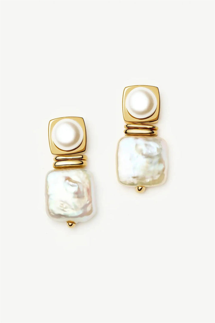 Square Pearl Stud Earrings Gold