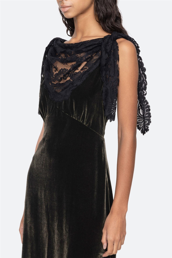 Norabelle Lace Cowl Neck Maxi Dress Olive