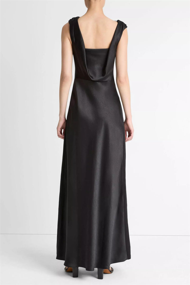 Satin Draped Cowl-Neck Maxi Dress Black