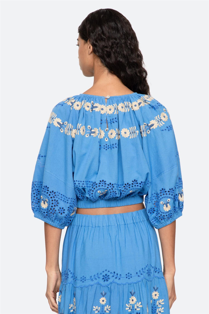 Catharina Embroidered Bubble Top Blue