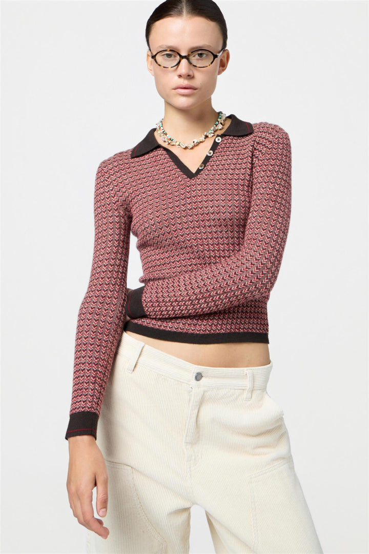 Chevron Longsleeve Shrunken Polo Burnt Cocoa Combo