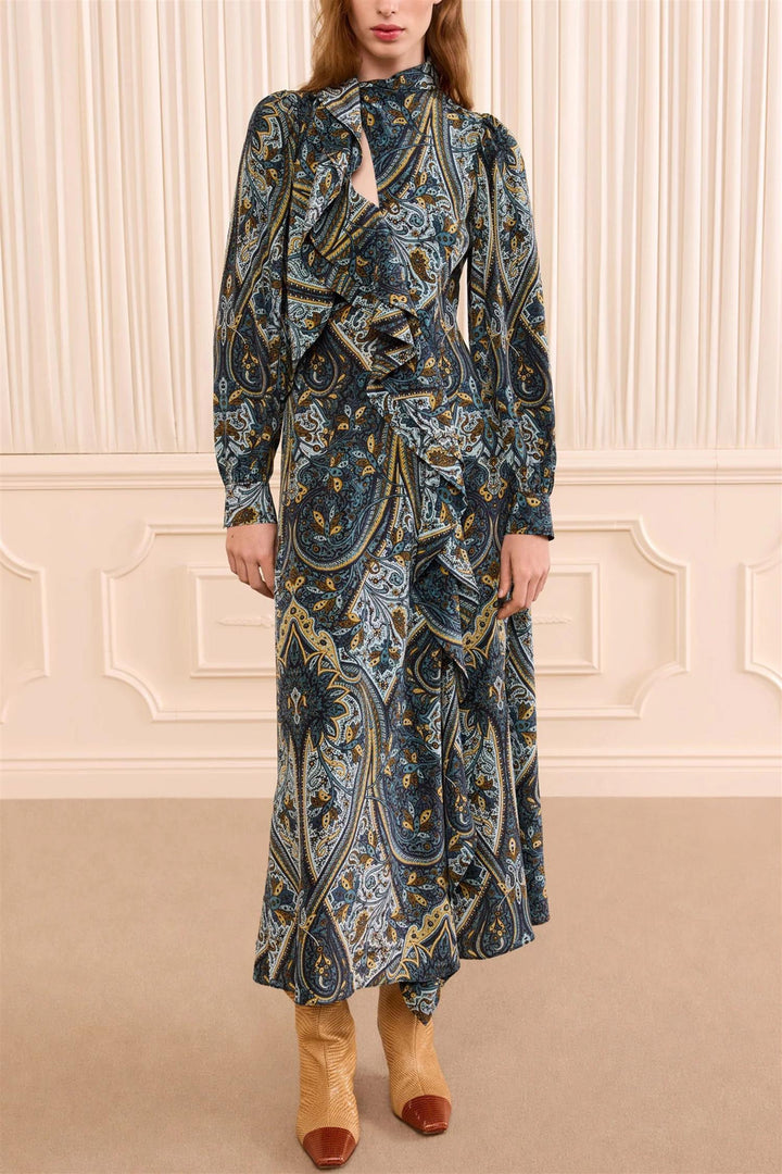 Sabrina Long Sleeve Silk Dress Prussian