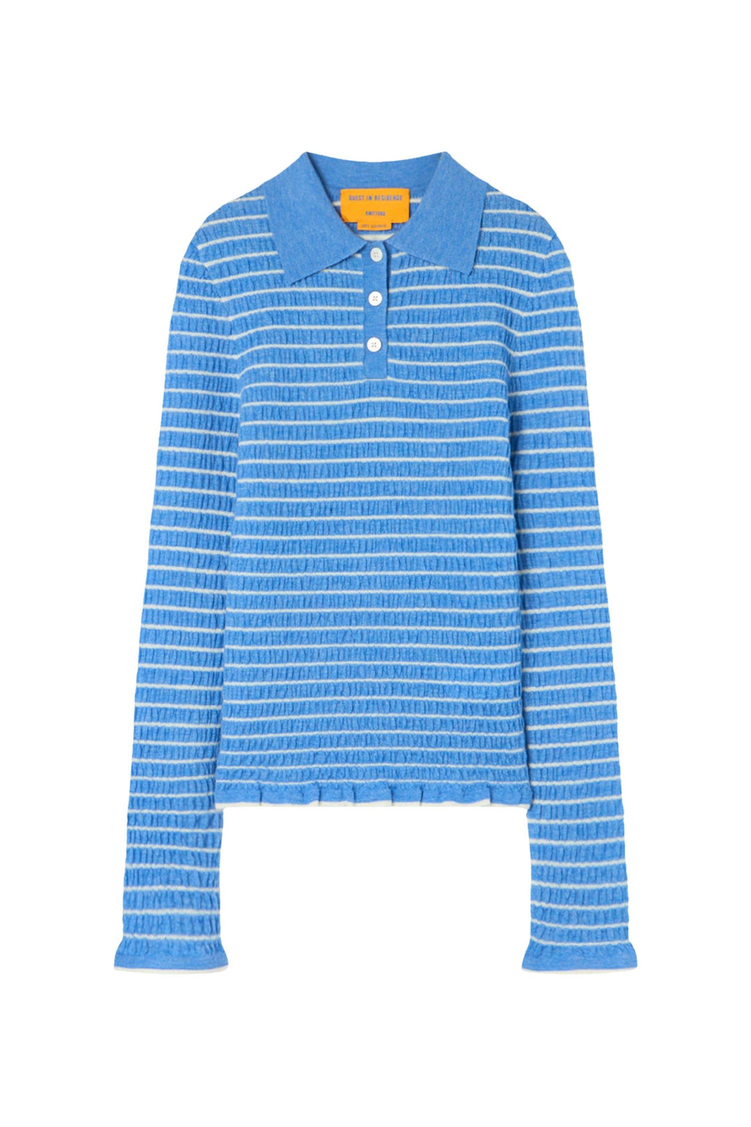 Smocked Long-Sleeved Shrunken Polo Delft Blue/Cream