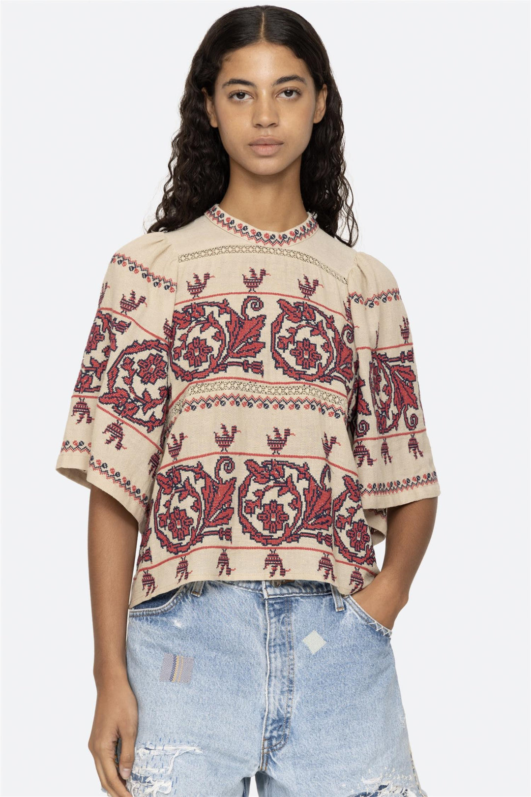Beena Embroidery Short Sleeved Top Taupe