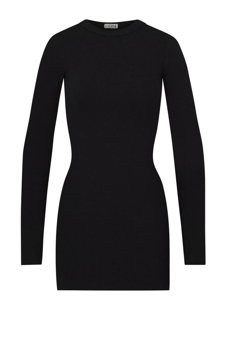 Long Sleeve Crew Neck Mini Dress Black