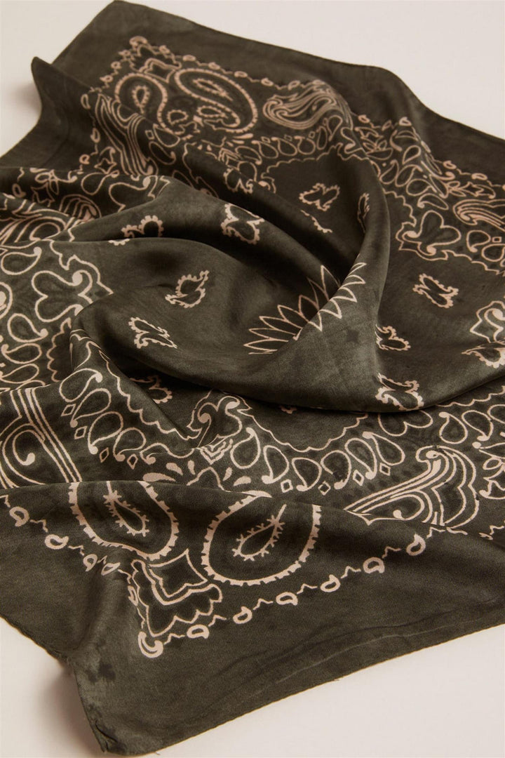 Golden Foulard Paisley Silk Scarf Moss Green