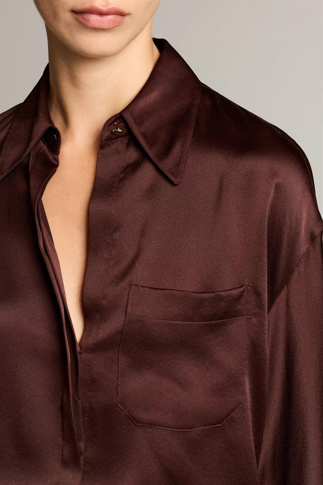 Silk Satin Dolman-Sleeve Button-Front Shirt Dark Cherrywood
