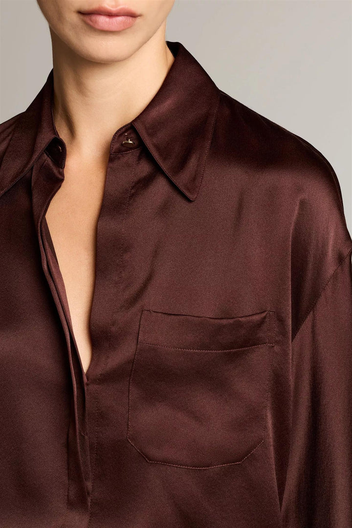 Silk Satin Dolman-Sleeve Button-Front Shirt Dark Cherrywood