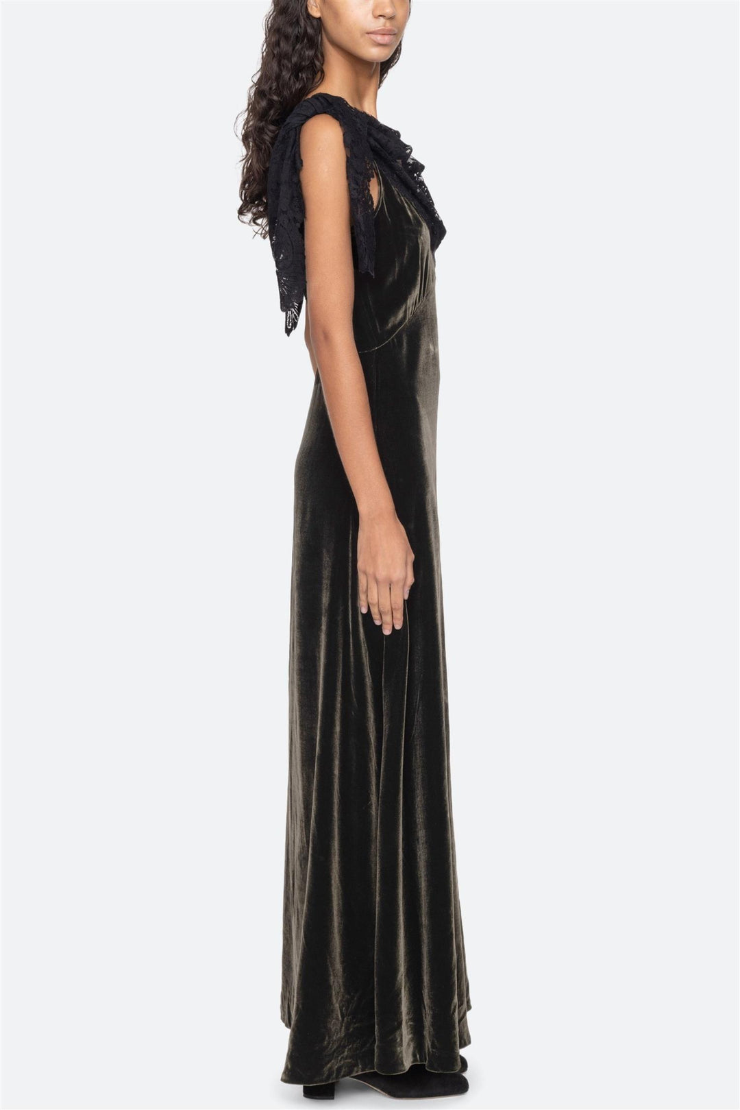Norabelle Lace Cowl Neck Maxi Dress Olive