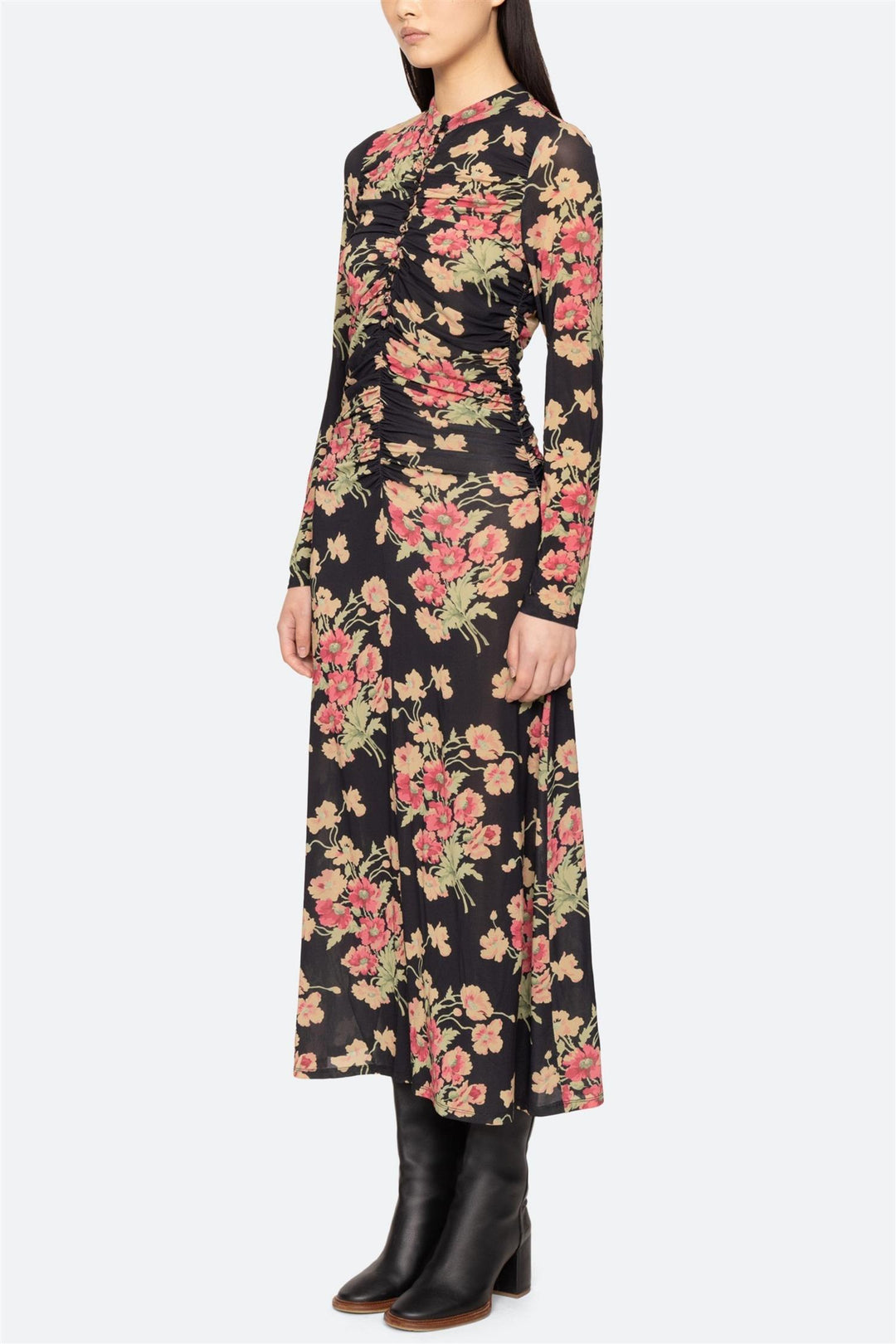 Cornelia Print Long Sleeve Midi Dress Black