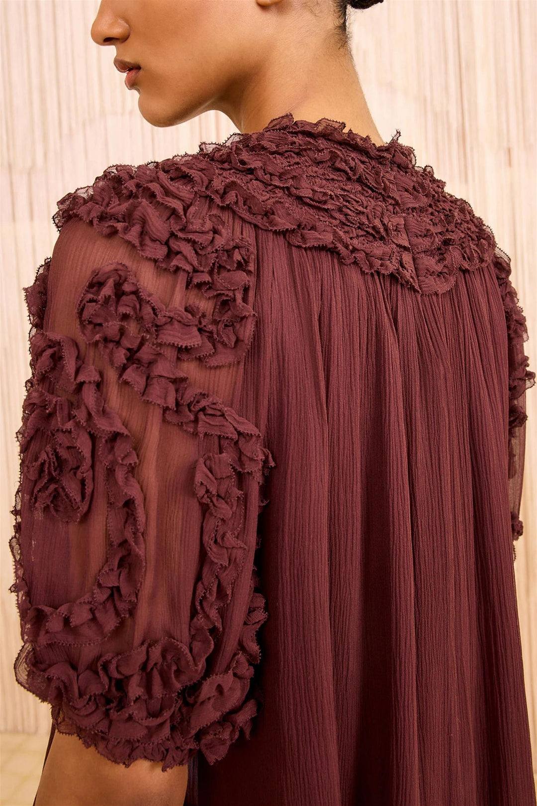 Isolda Silk Smocked Short Sleeve Blouse Mahogany