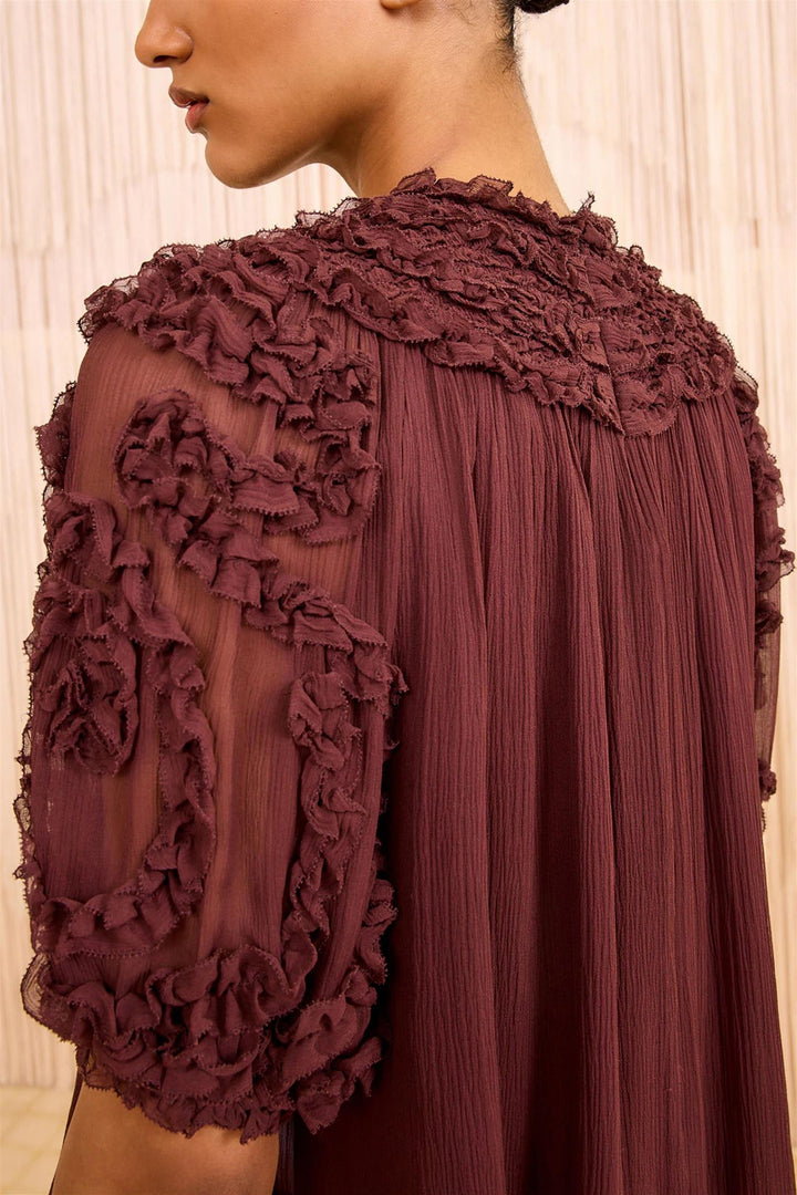 Isolda Silk Smocked Short Sleeve Blouse Mahogany