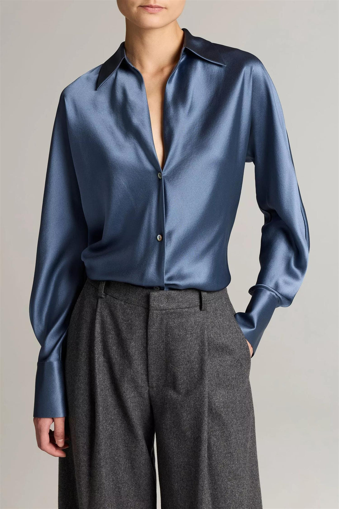 Silk Bias Long-Sleeve Blouse  Blue Slate