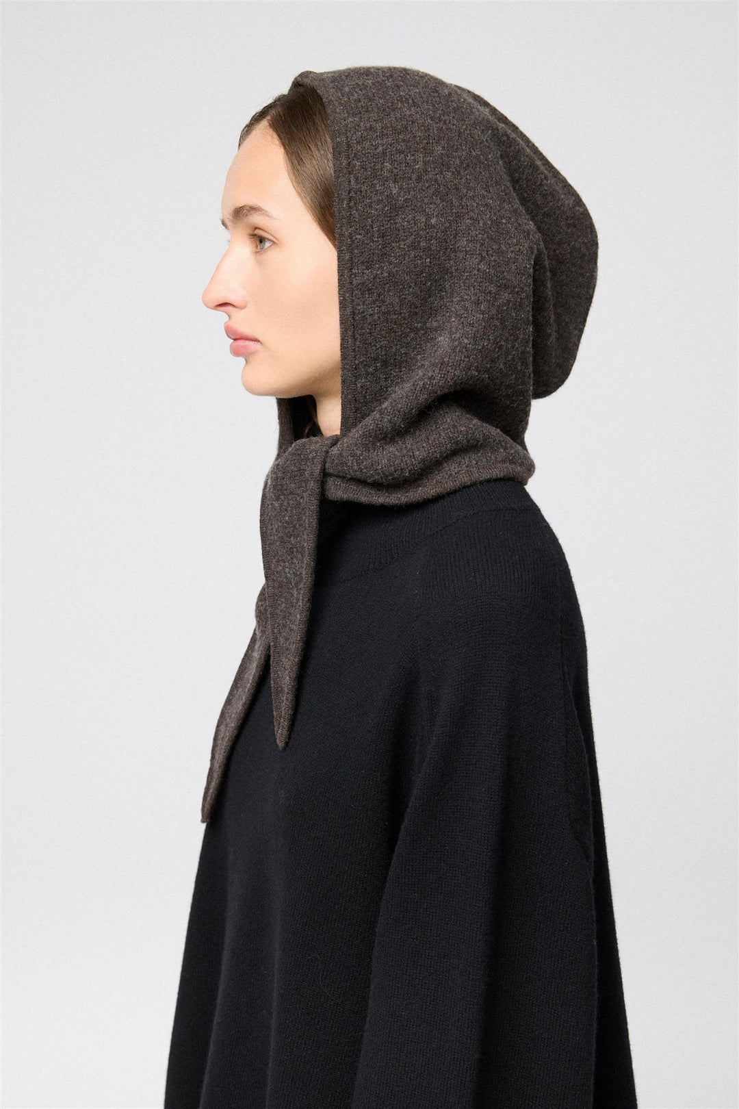 Tie Up Knitted Hood Coffee