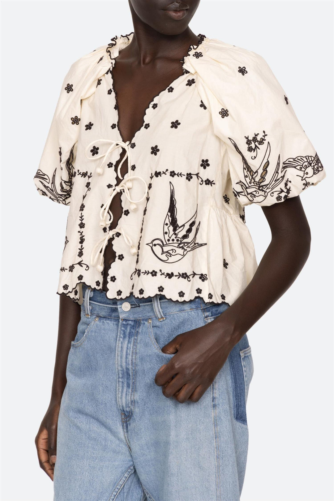 Kingsley Embroidery Tie-Front Top Cream