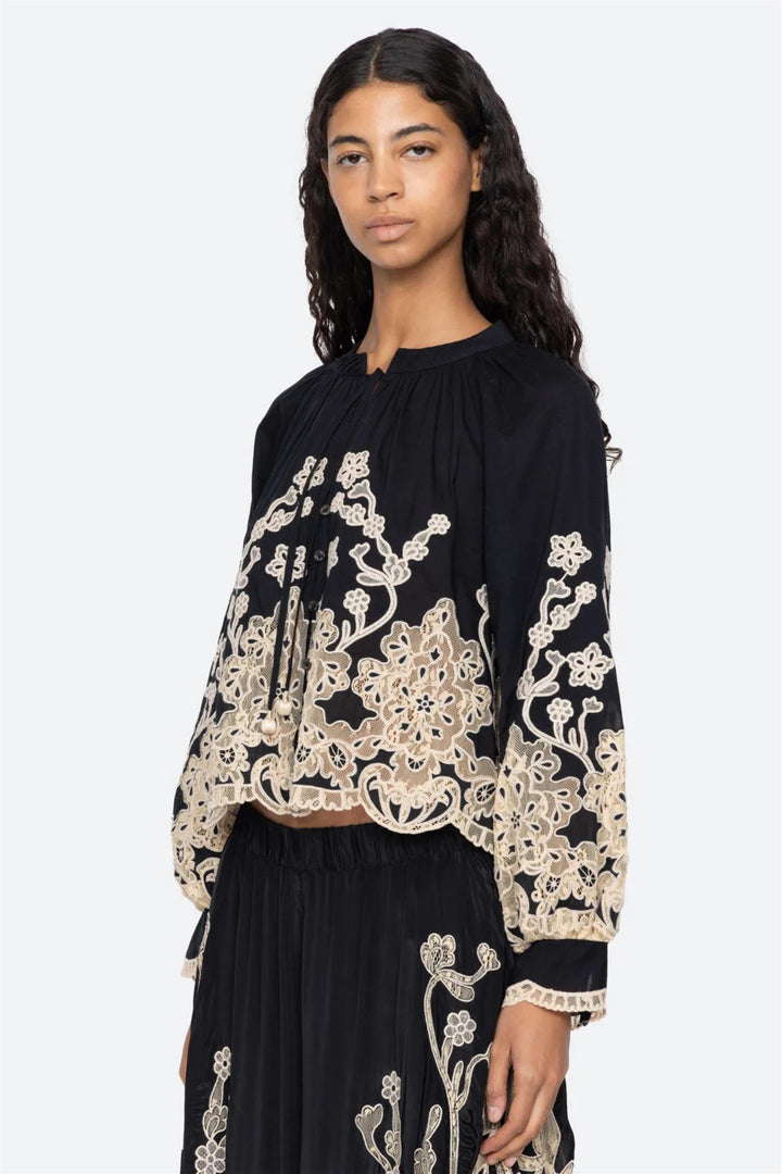 Gracelyn Lace Embroidered Longsleeve Top Black