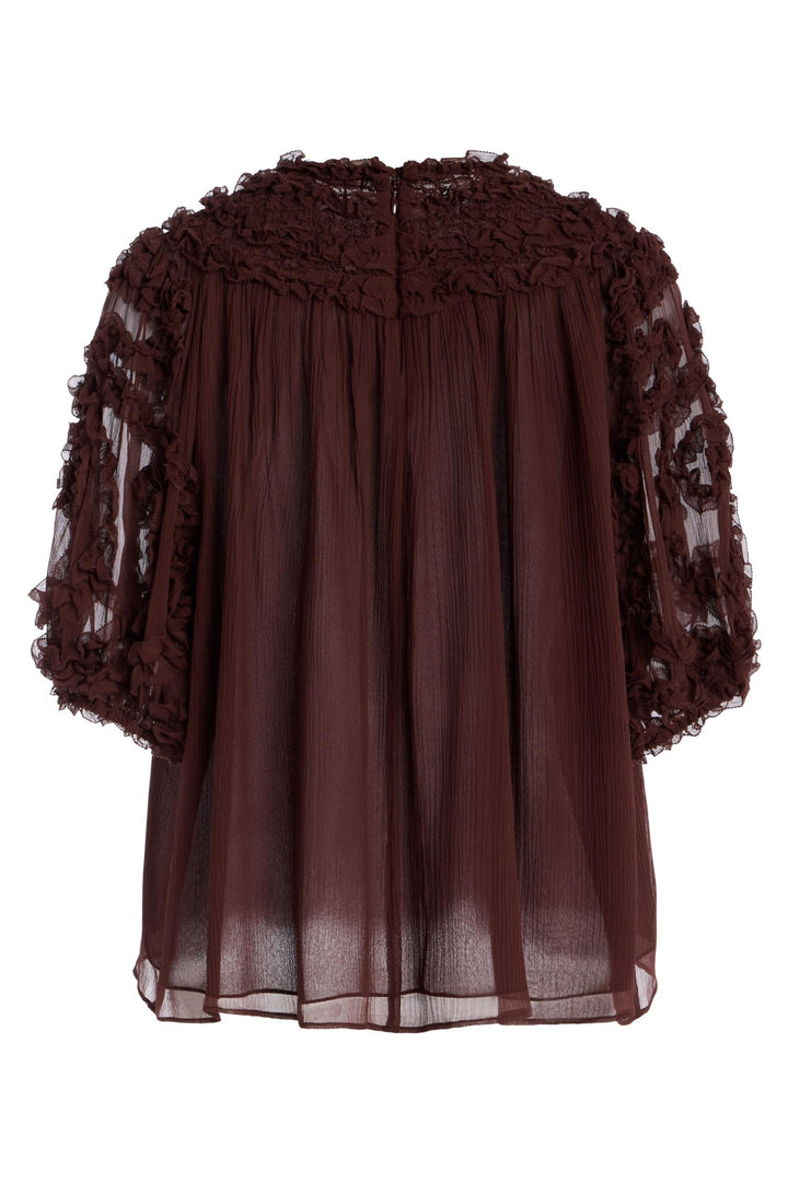 Isolda Silk Smocked Short Sleeve Blouse Mahogany