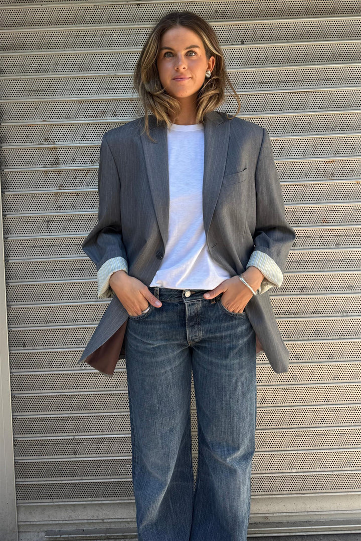 Button-Back Single Breasted  Blazer Grey Pinstripe Size 40