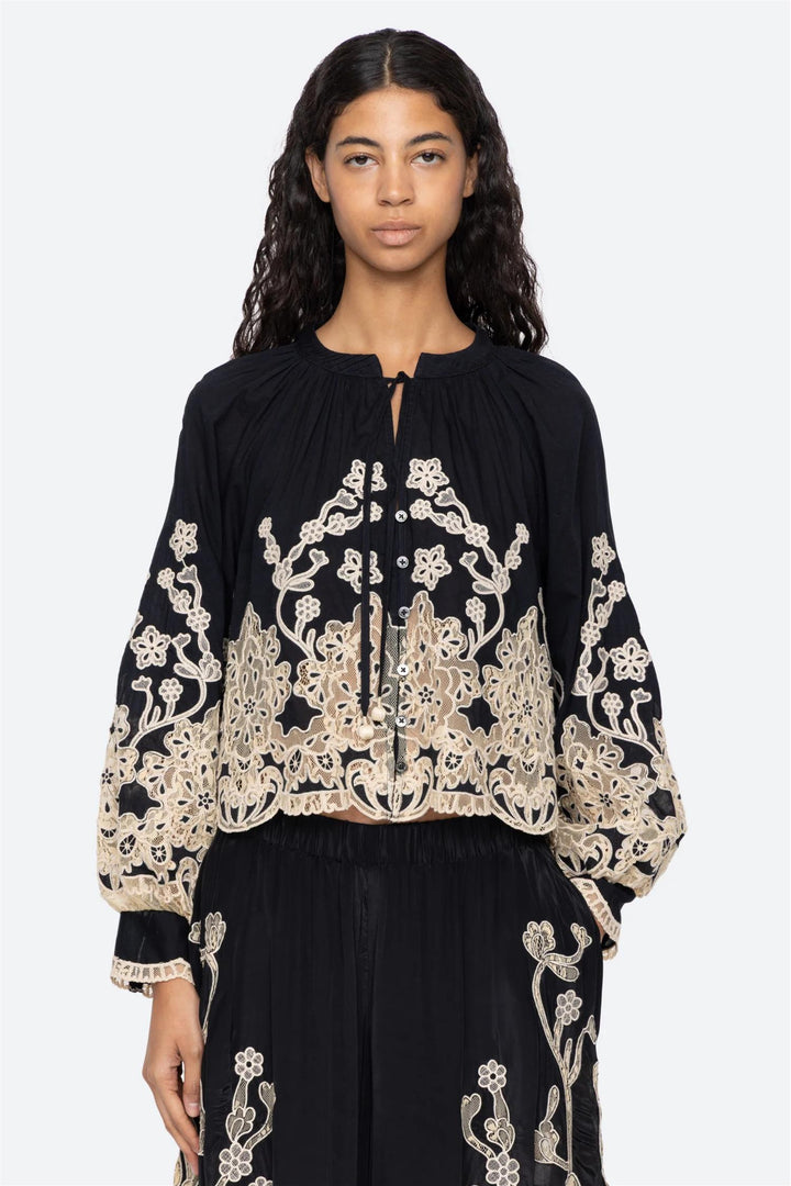 Gracelyn Lace Embroidered Longsleeve Top Black