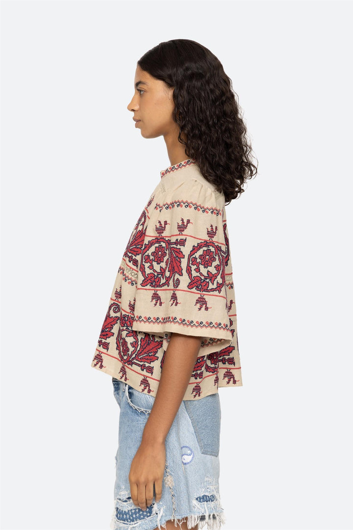 Beena Embroidery Short Sleeved Top Taupe