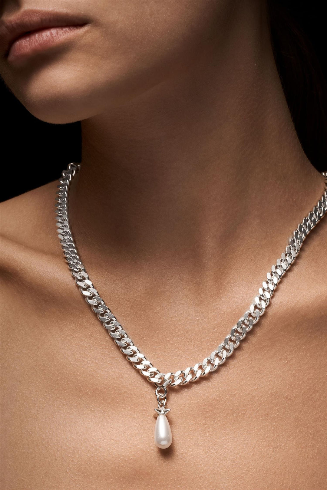 Chunky Chain Drop Pearl Necklace - Silver