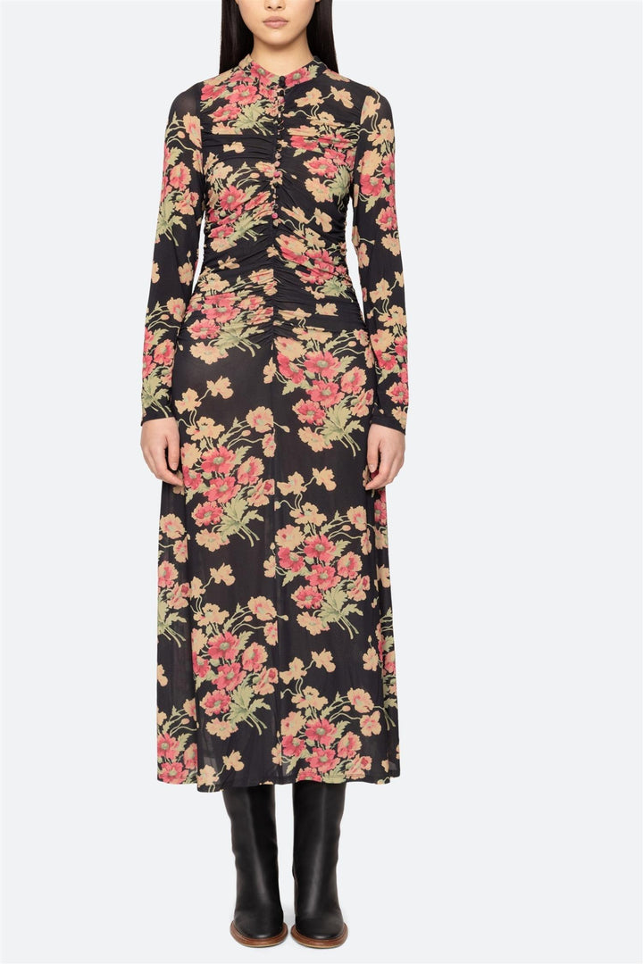 Cornelia Print Long Sleeve Midi Dress Black