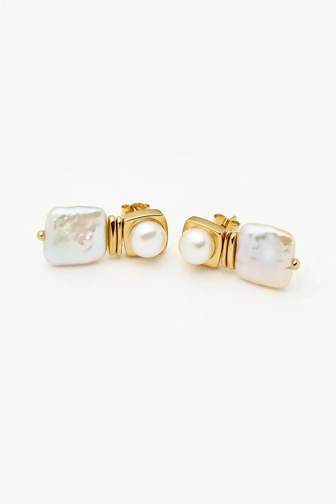 Square Pearl Stud Earrings Gold