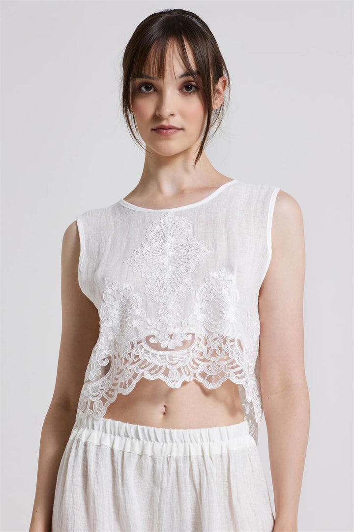 Back Tie Sleeveless Lace Top Off White