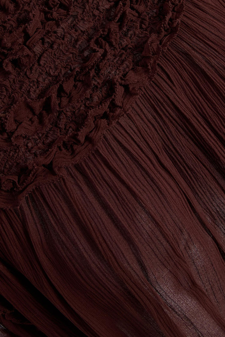 Isolda Silk Smocked Short Sleeve Blouse Mahogany