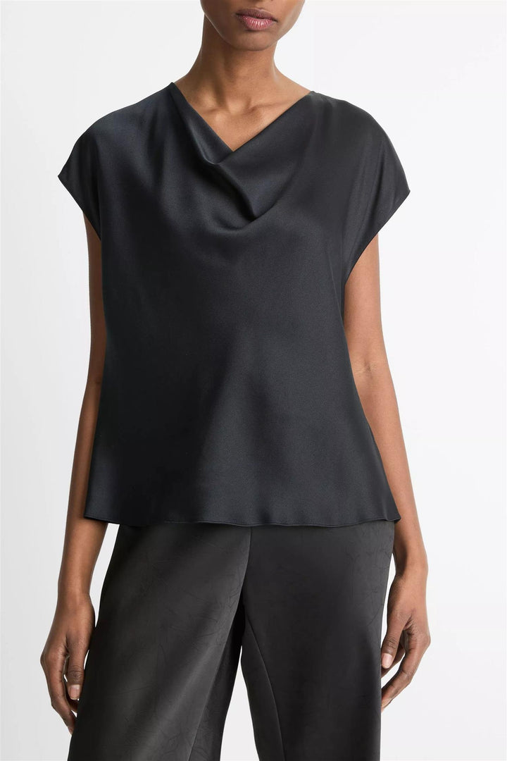 Cowl Neck Cap Sleeve Blouse Black