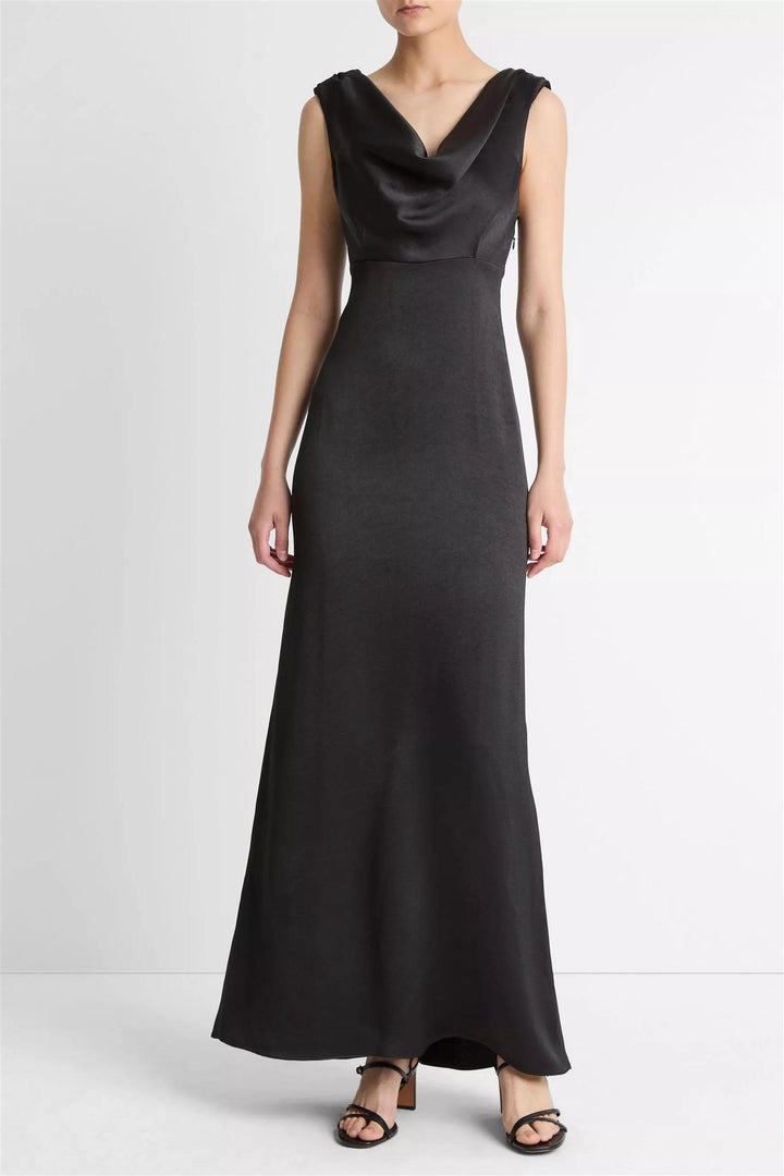 Satin Draped Cowl-Neck Maxi Dress Black